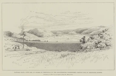 Natürlicher Becken, mit Damm, im Bau durch die Johannesburg Waterworks Company für eine zusätzliche Versorgung